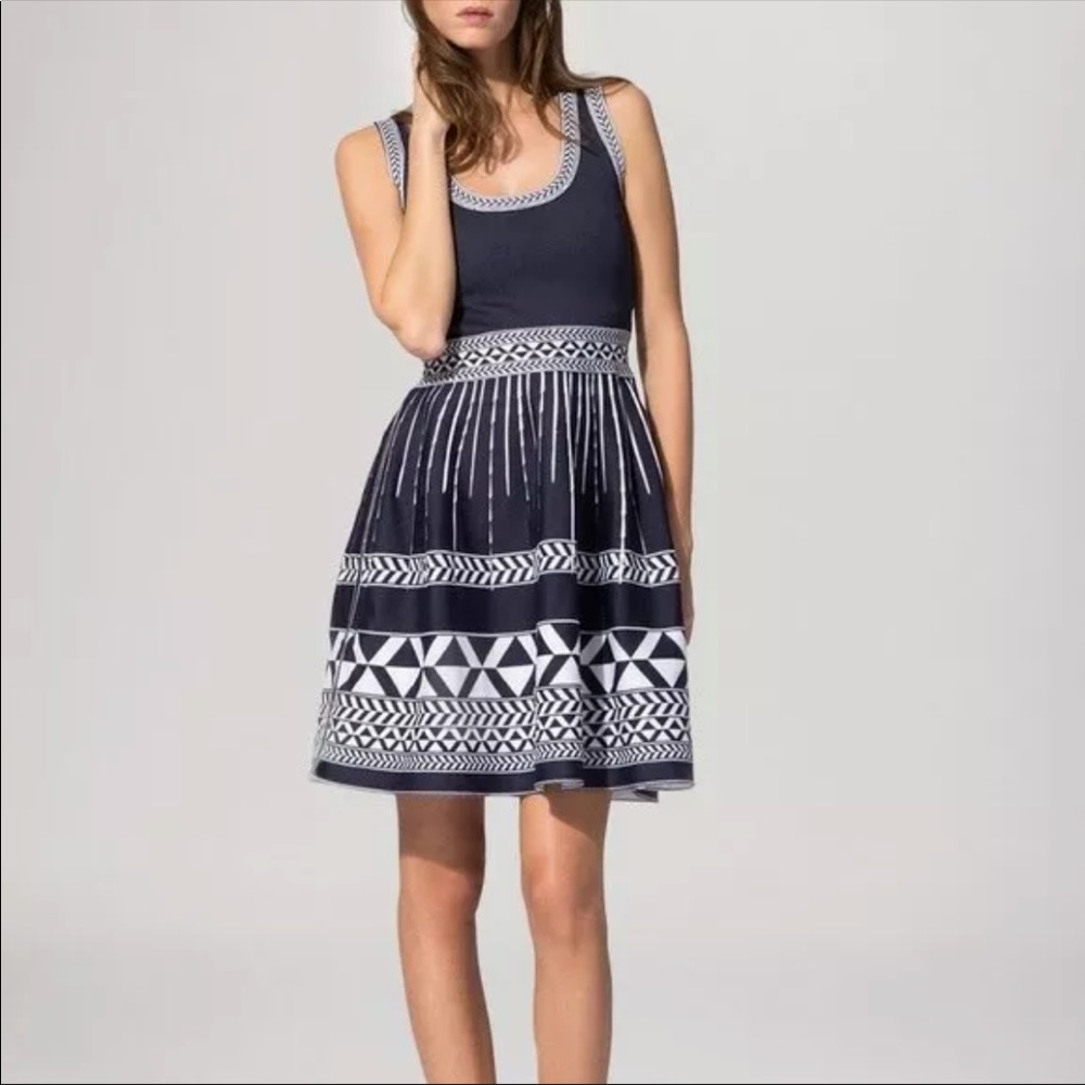Maje Riviera Jacquard Fit & Flare Knit Dress Size 3/ Large Navy White $300